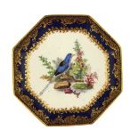 A SEVRES OCTAGONAL BLUE-GROUND ORNITHOLICAL DISH