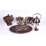 SILVER PLATED WARES; TO INCLUDE A SET OF EIGHT LEAF MOULDED GOBLETS, COFFEE POTS, ENTREE...