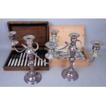 SILVER PLATE COMPRISING; A PAIR OF THREE BRANCH CANDELABRA AND TWO CASED SETS OF FLATWARE (4)