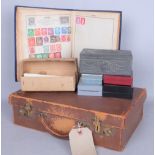 A MID-20TH CENTURY LEATHER BOUND CASE, A STAMP ALBUM AND SOME LOOSE STAMPS, A PEWTER BOUND BOX...