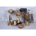 A GROUP OF VICTORIAN BRASS OIL LAMPS AND GLASS SHADES (QTY)