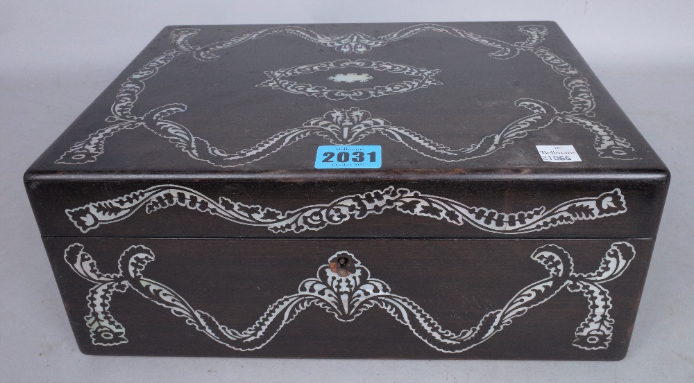 A VICTORIAN MOTHER-OF-PEARL INLAID HARDWOOD SEWING BOX