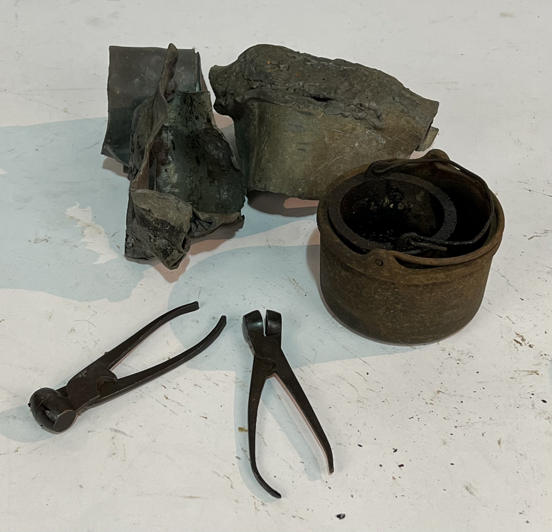 WITHDRAWN OCT LOT 2048; TWO PAIRS OF IRON SCISSOR-ACTION BULLET MOULDS, TWO CAULDRONS AND SOME...