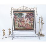 A BRASS FRAMED TAPESTRY FIRE SCREEN, A SET OF FIRE TOOLS WITH A STAND AND TWO FURTHER ITEMS (4)