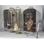 A GROUP OF METALWARE, A COAL BIN, TWO PAIRS OF FIRE TOOLS WITH STANDS, A BRASS FIRE GUARD, A...