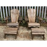 A PAIR OF MODERN RED CEDAR GARDEN LOW ARMCHAIRS EACH WITH MATCHING FOOTSTOOL (4)