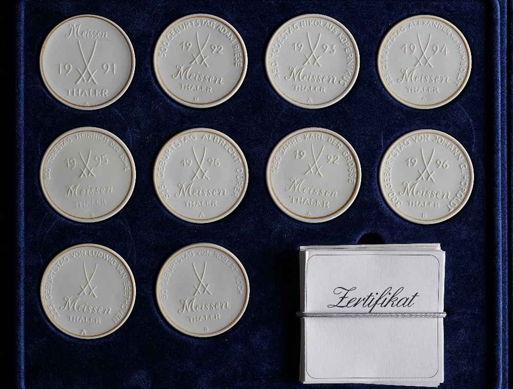 A CASED SET OF TEN MEISSEN WHITE BISCUIT COMMEMORATIVE COINS - Image 3 of 3