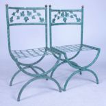 A PAIR OF MODERN GREEN PAINTED WROUGHT IRON SIDE CHAIRS