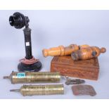 COLLECTABLES INCLUDING, TWO MIDDLE EASTERN BRASS COFFEE GRINDERS, TWO HARDWOOD SCROLLS HOLDERS...