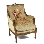 A LOUIS XVI STYLE SQUARE BACK GILT-FRAMED ARMCHAIR