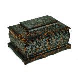 A WILLIAM IV MOTHER-OF-PEARL INLAID AND IVORY BANDED TORTOISESHELL SARCOPHAGUS SHAPED WORK BOX