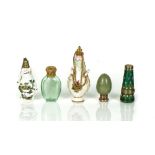 A VICTORIAN SILVER MOUNTED PORCELAIN 'BIRD'S EGG' SCENT BOTTLE AND FOUR FURTHER SCENT BOTTLES (5)