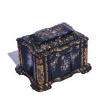 A VICTORIAN MOTHER-OF-PEARL INLAID FLORAL POLYCHROME PAINTED SHAPED RECTANGULAR TEA-CADDY