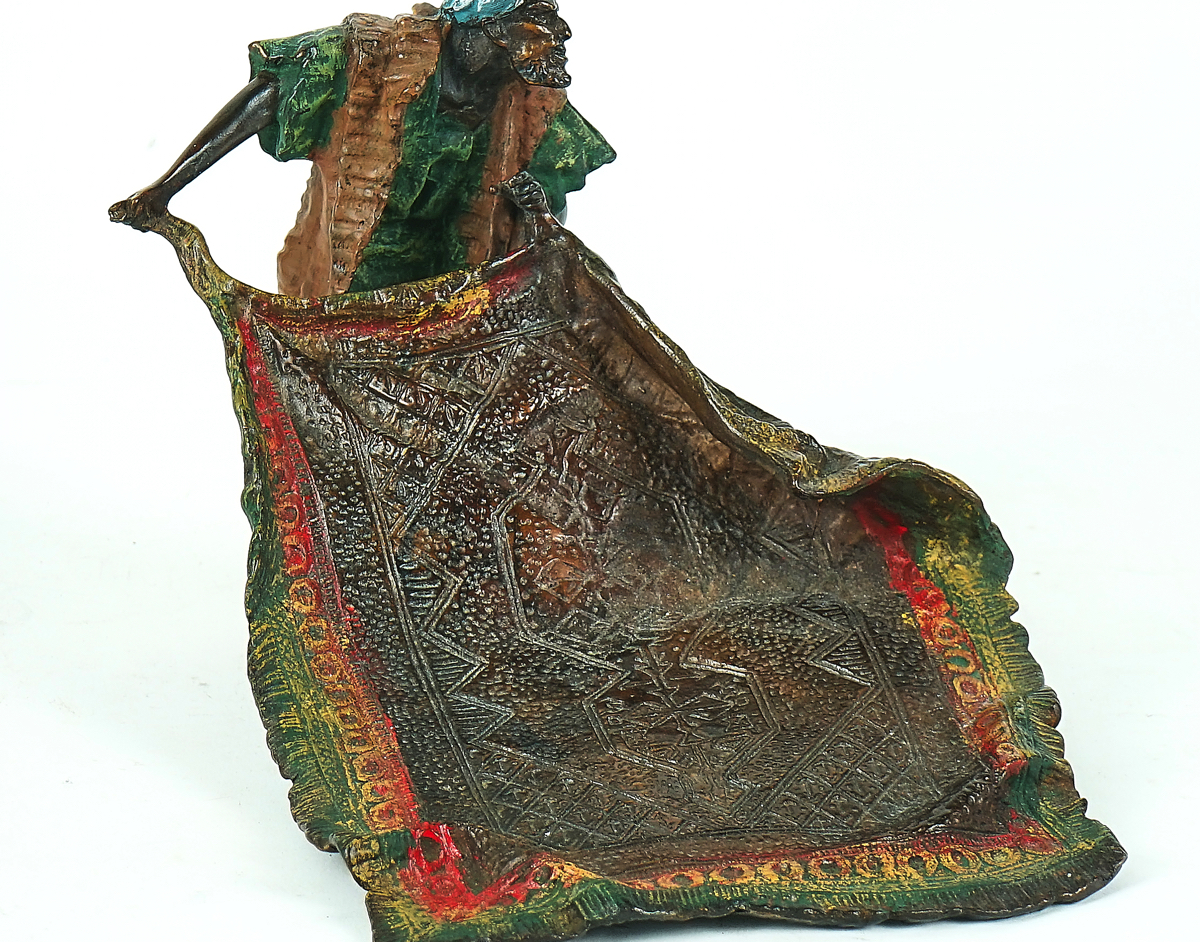 A POLYCHROME COLD PAINTED BRONZE MODEL OF A CARPET SELLER - Image 2 of 3