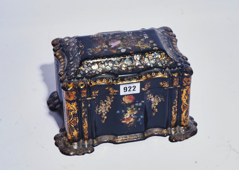 A VICTORIAN MOTHER-OF-PEARL INLAID FLORAL POLYCHROME PAINTED SHAPED RECTANGULAR TEA-CADDY - Image 2 of 3