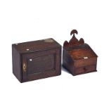 A GEORGE III FRUITWOOD WALL MOUNTED SLOPE FRONT SALT BOX (2)