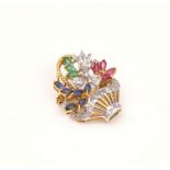 A GOLD AND GEMSTONE SET BASKET OF FLOWERS BROOCH