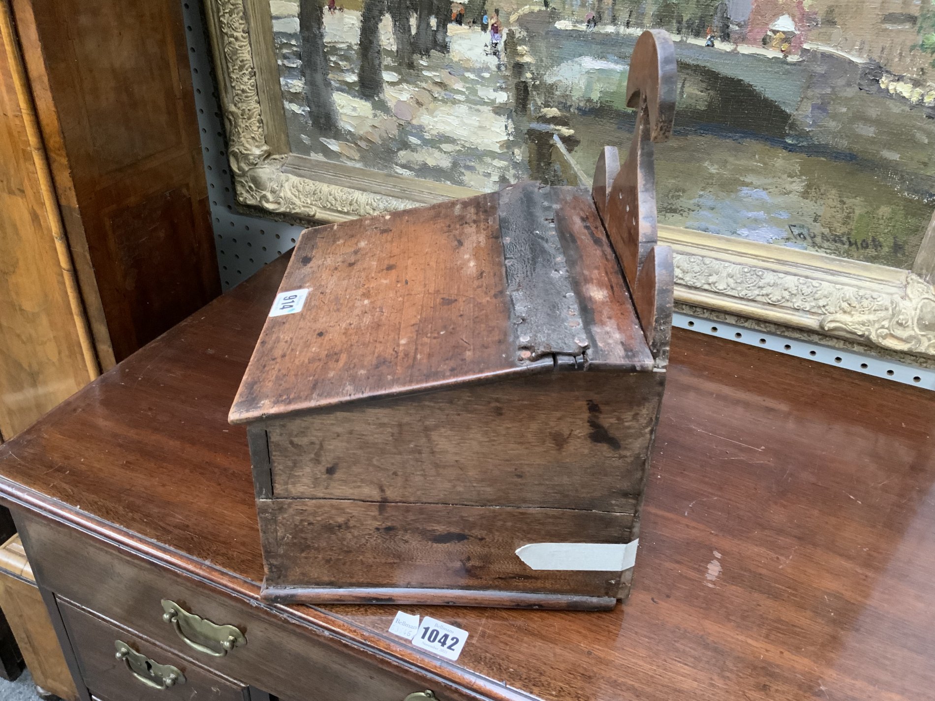 A GEORGE III FRUITWOOD WALL MOUNTED SLOPE FRONT SALT BOX (2) - Image 3 of 9