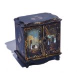 A VICTORIAN MOTHER-OF-PEARL INLAID AND POLYCHROME PAINTED PAPIER-MACHE TABLE CABINET