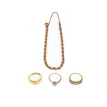 A GOLD AND DIAMOND FIVE STONE RING AND THREE FURTHER ITEMS (4)