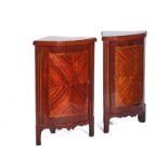 A PAIR OF FRENCH LATE 19TH / EARLY 20TH CENTURY DIRECTOIRE STYLE KINGWOOD AND TULIPWOOD CORNER...