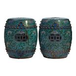 A GOOD PAIR OF CHINESE CLOISONNÉ BARREL SHAPED GARDEN SEATS