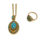 A VICTORIAN GOLD AND TURQUOISE PENDANT, A GOLD NECKCHAIN AND A 9CT GOLD RING (3)