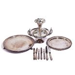 A PLATED TABLE CENTREPIECE STAND, EIGHT FRENCH TABLE KNIVES AND FURTHER ITEMS