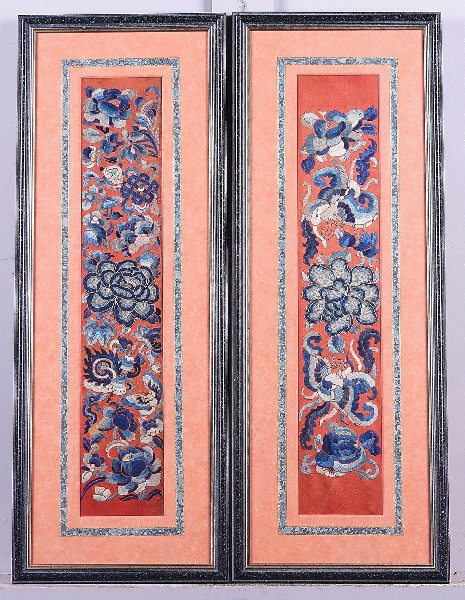 A PAIR OF CHINESE EMBROIDERED RECTANGULAR SLEEVE PANELS