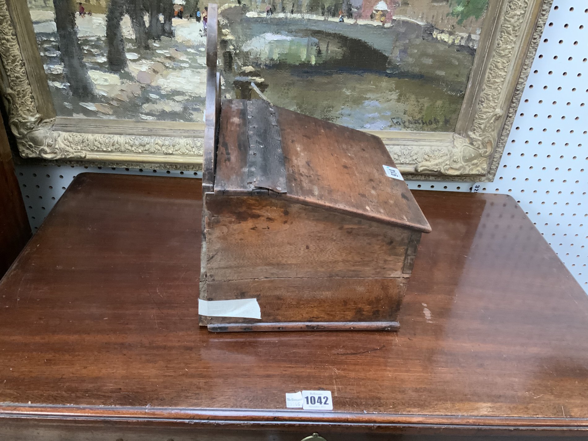 A GEORGE III FRUITWOOD WALL MOUNTED SLOPE FRONT SALT BOX (2) - Image 2 of 9