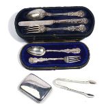 A VICTORIAN SILVER THREE-PIECE CHRISTENING SET AND THREE FURTHER ITEMS, (4)