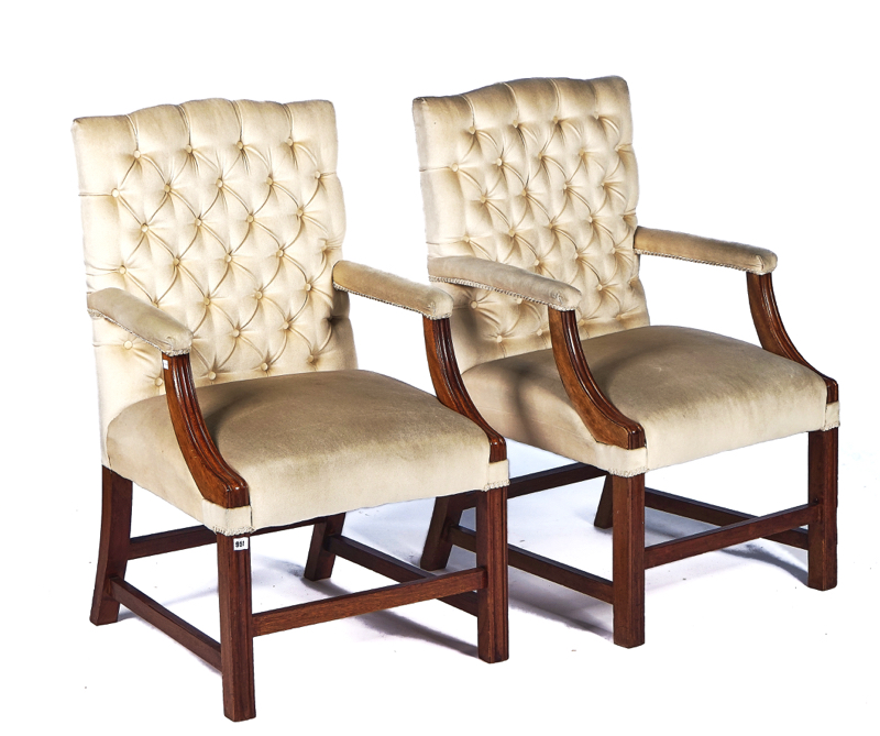 A PAIR OF GAINSBOROUGH STYLE OPEN ARMCHAIRS (2)