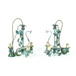 A PAIR OF ITALIAN BLUE PAINTED METAL THREE-LIGHT CHANDELIERS AND ANOTHER (3)