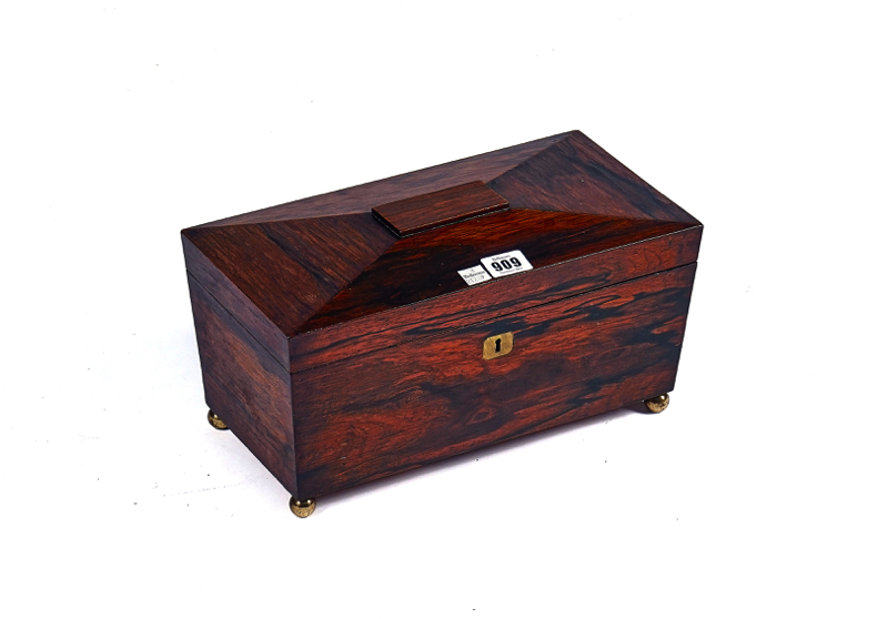 A REGENCY ROSEWOOD SARCOPHAGUS SHAPED TEA-CADDY