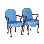 A PAIR OF GEORGE II STYLE HARDWOOD FRAMED OPEN ARMCHAIRS (2)