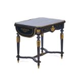 A 19TH CENTURY FRENCH BRASS INLAID GILTMETAL-MOUNTED EBONISED DROP FLAP CENTRE TABLE