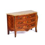 A LOUIS XVI STYLE TULIPWOOD AND MARQUETRY SERPENTINE SHAPED COMMODE