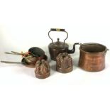 METALWARE INCLUDING A STAGGERED SET OF COPPER PANS, A KETTLE AND TWO VICTORIAN JELLY MOULDS