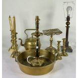 COLLECTABLES INCLUDING; TWO PAIRS BRASS CANDLESTICKS, BRASS JAM PAN