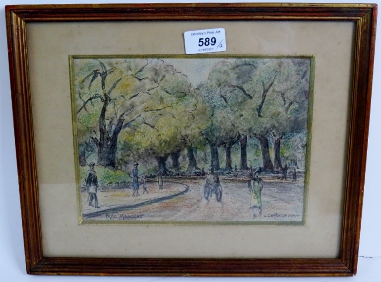 C Pouzadoux (late 19th/early 20th century) - 'Parc Monceau', watercolour, signed, titled,