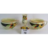 Four pieces of hand decorated Art Deco Ware by Myott, Son + Co including two chamber pots,