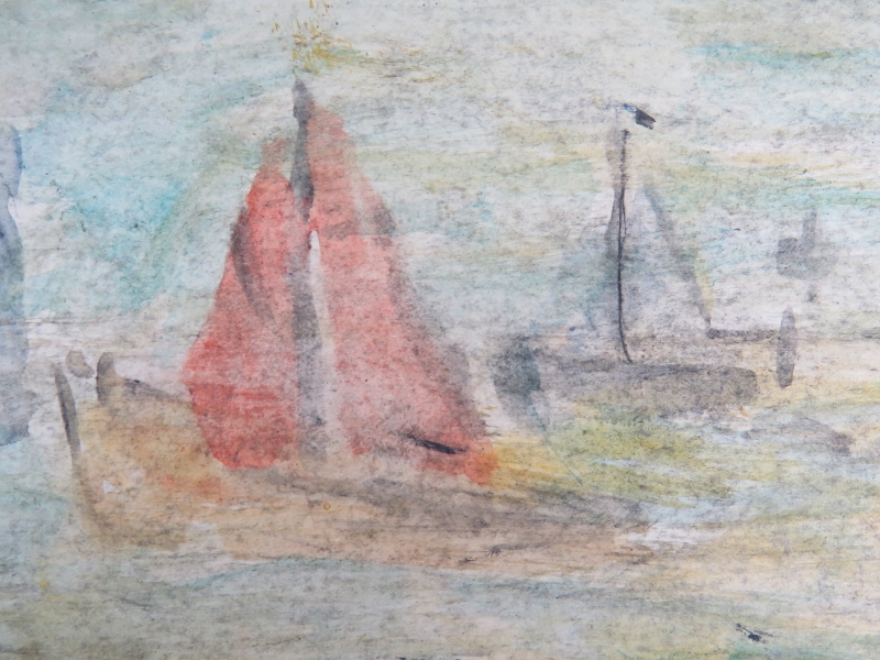 Attributed to Lawrence Stephen Lowry, RA, (1887-1976) - 'Beach scene with yachts and figures', - Image 7 of 7