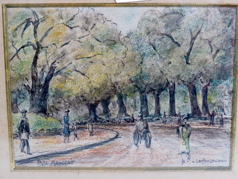 C Pouzadoux (late 19th/early 20th century) - 'Parc Monceau', watercolour, signed, titled, - Image 2 of 10