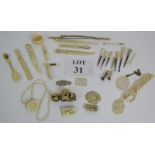 A mixed lot of antique and vintage carved bone shell and Ivory including sewing implements,