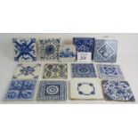 A collection of 12 mainly 19th Century blue and white tiles many by Mintons plus an early Delft