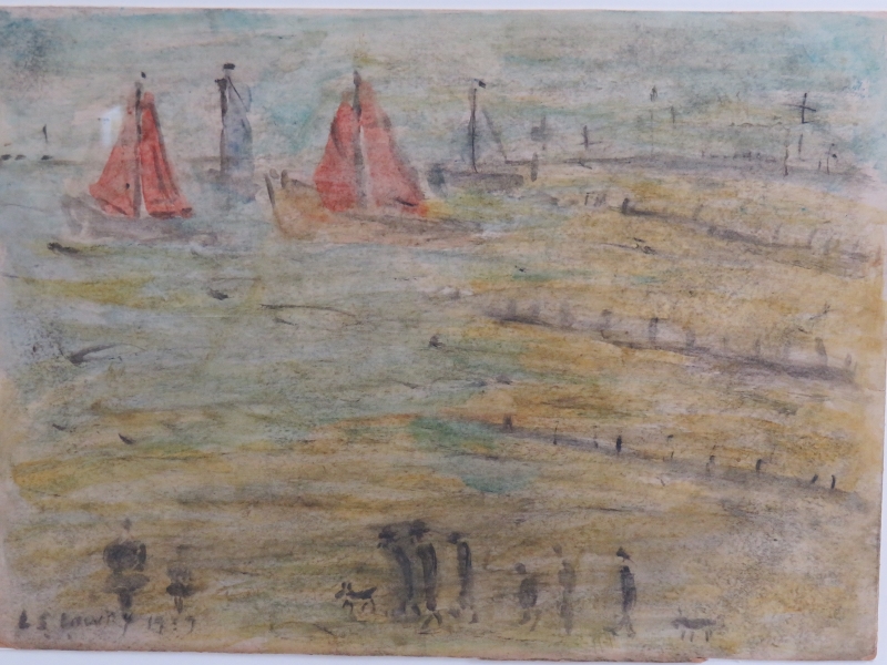 Attributed to Lawrence Stephen Lowry, RA, (1887-1976) - 'Beach scene with yachts and figures', - Image 2 of 7