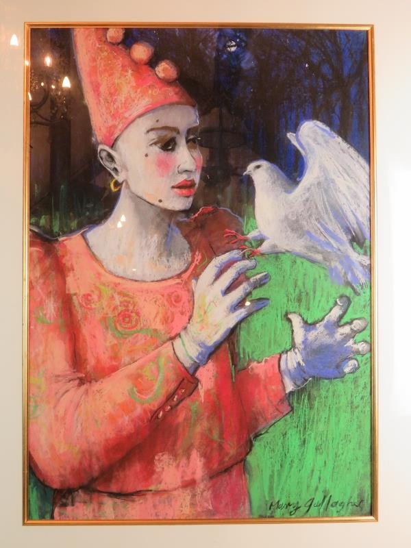 Mary Gallagher (Scottish, b 1953) - 'Pierrot and a dove', large scale pastel, signed, 82cm x 57cm, - Image 2 of 4