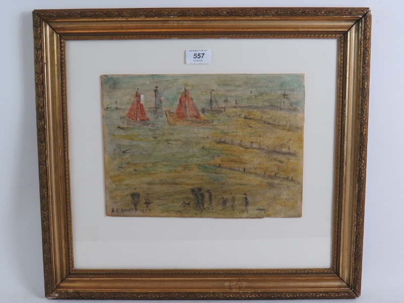 Attributed to Lawrence Stephen Lowry, RA, (1887-1976) - 'Beach scene with yachts and figures',