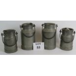 Four vintage farm cream or milk churns in galvanised steel. Tallest: 23cm. Shortest: 19cm.