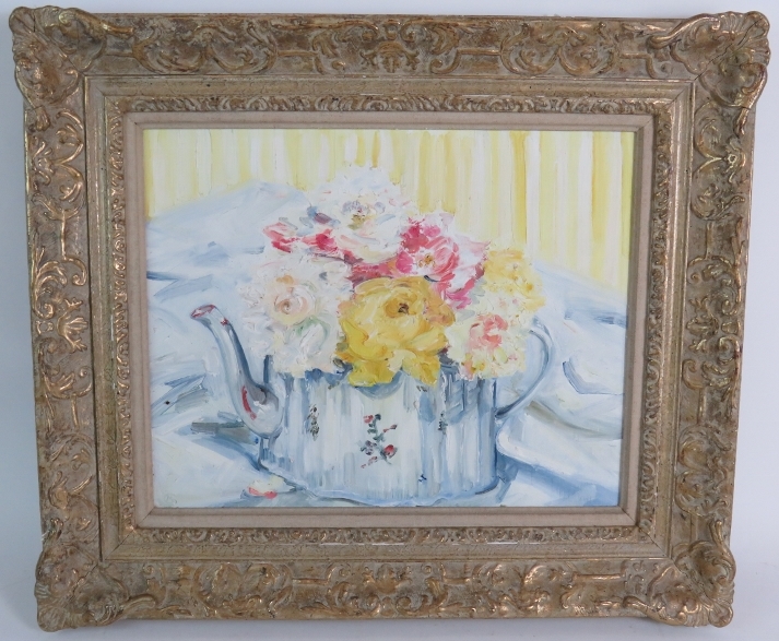 Gillian M Kinlock (contemporary) - 'The Yellow Rose', oil on board, monogrammed, label verso,